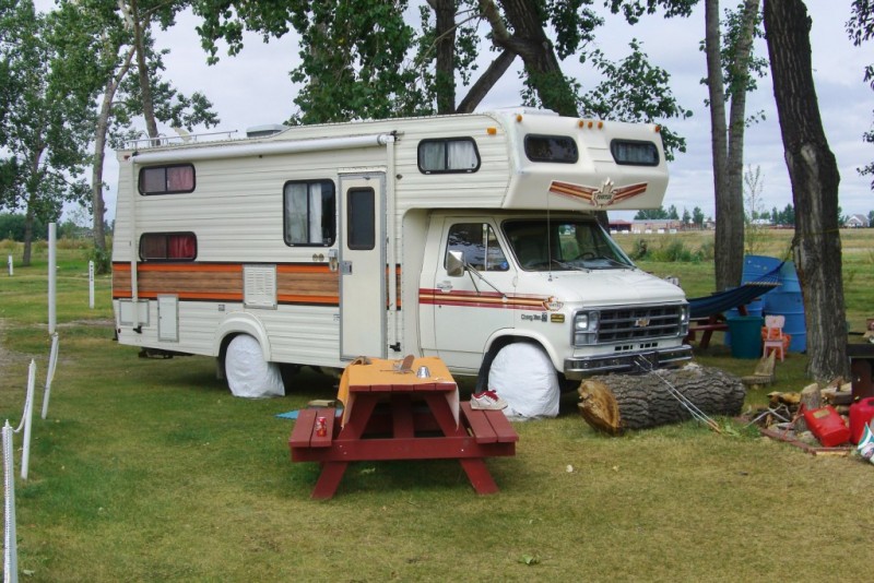 Frontier camper van on Chevrolet at Irricana, Alberta.JPG